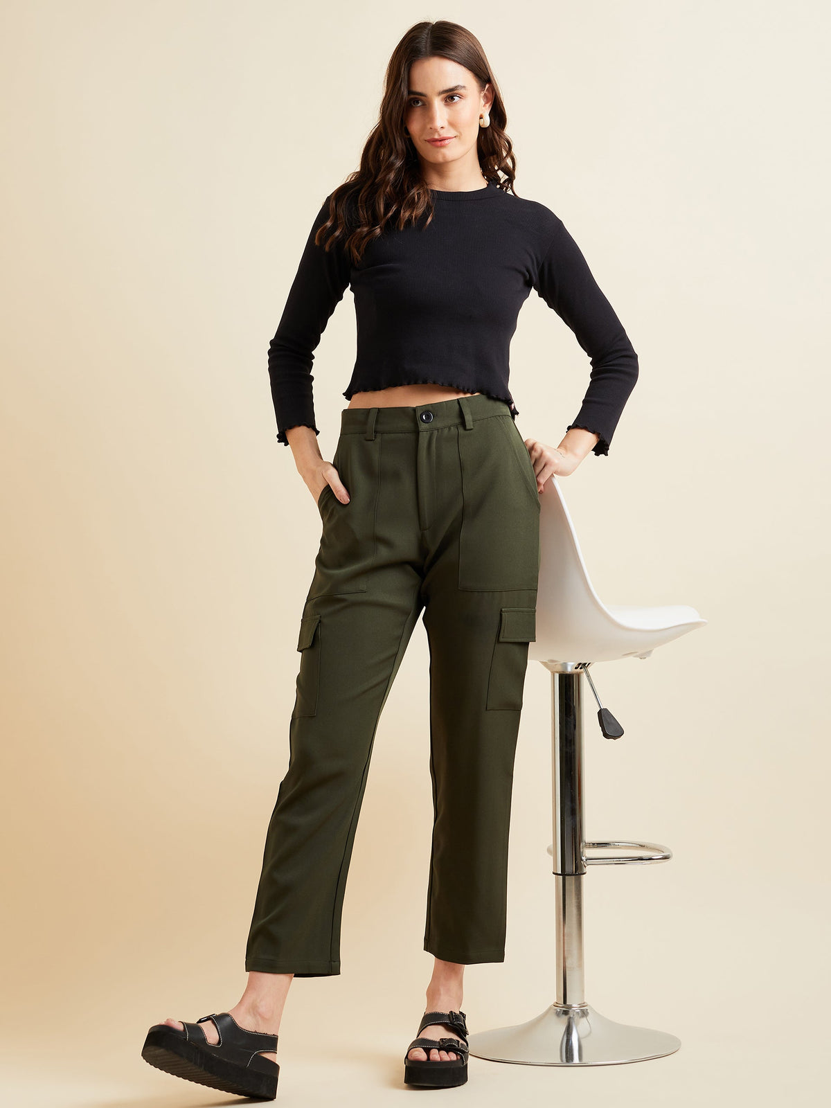 Olive Smart Slim Fit Wrinkle Free Cigarette Trousers