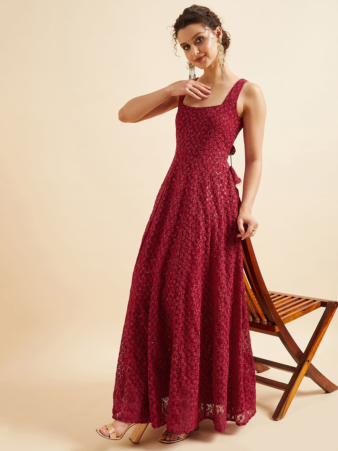 Embroidered Georgette Fit & Flare Maxi Dress - Red