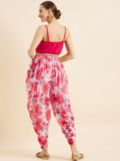 White & Pink Floral Printed Crop Top With Dhoti Pants & Shrug Ethnic Co-Ords