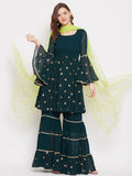 Dark green sharara set with green dupatta, overall gota lace detailing