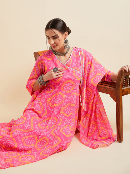 Pink Printed Georgette Angrakha Ethnic Dress With Dupatta