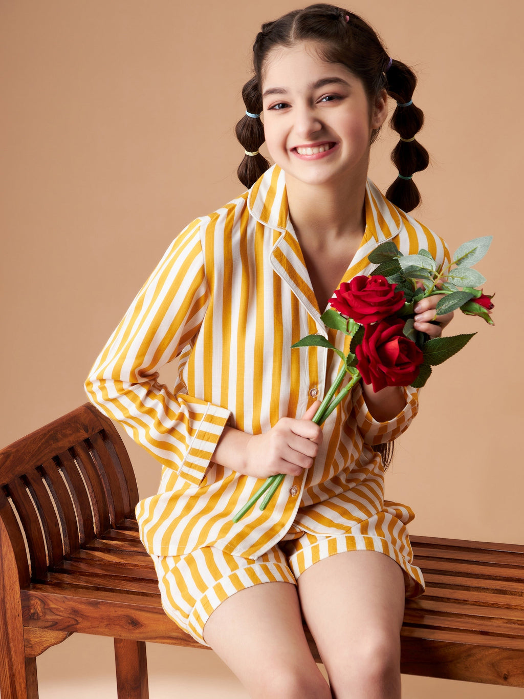 Girls Yellow Striped Shorts Night Suit Sets