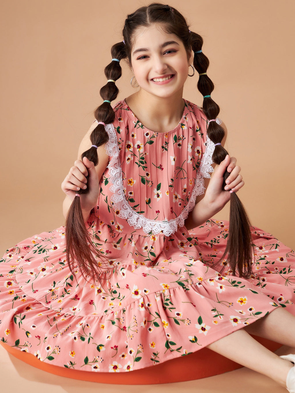 Girls Peach Floral Printed Crepe Fit & Flare Dress
