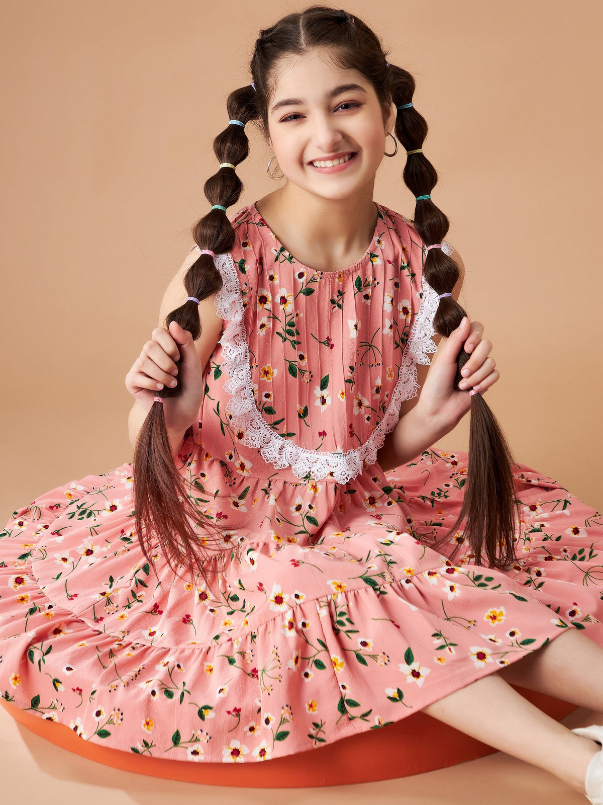 Girls Peach Floral Printed Crepe Fit & Flare Dress