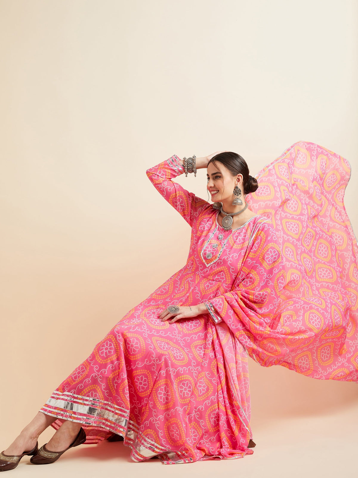 Bandhani Printed Fit & Flared Maxi Ethnic Dress With Dupatta