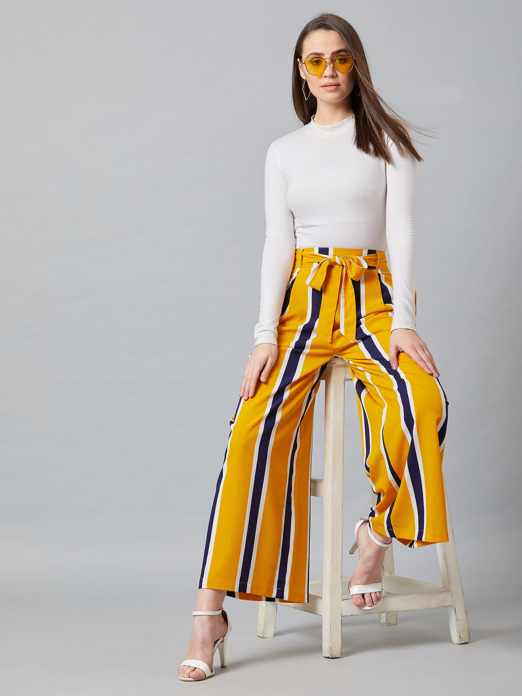 PANIT Women Yellow & Blue Relaxed Loose Fit Striped Trouser