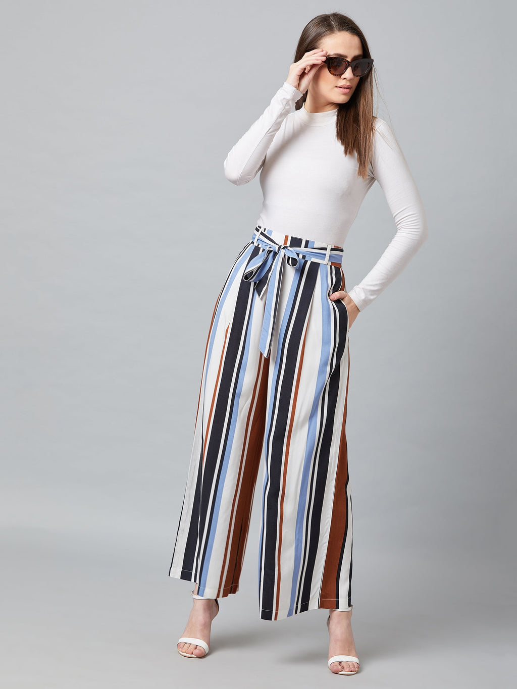 Women Blue & Black Relaxed Loose Fit Striped Trouser