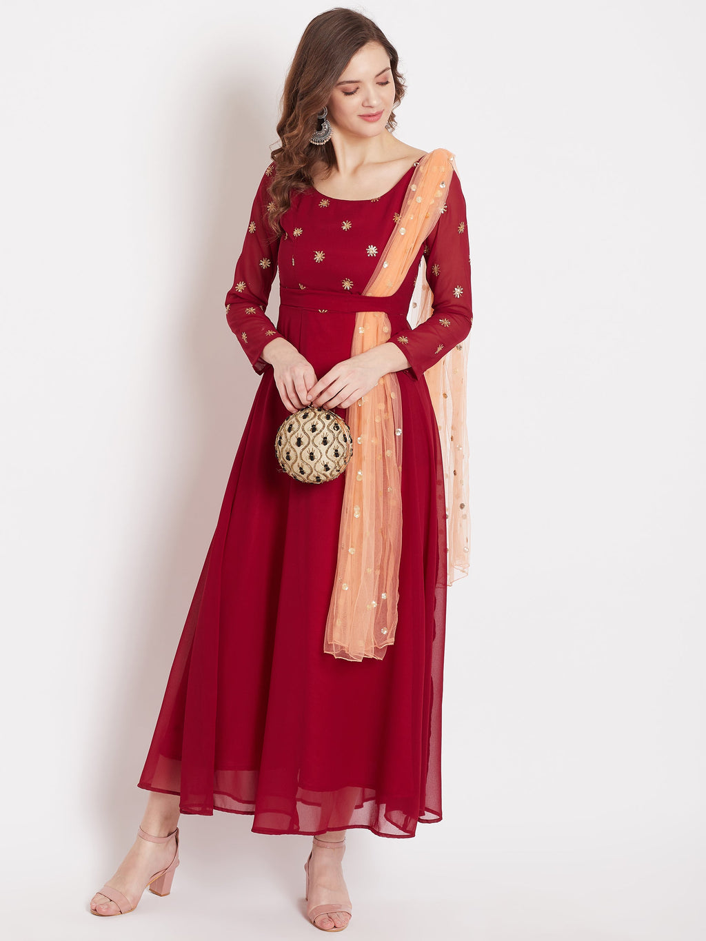 Women Maroon Embellished Maxi Dress With Dupatta