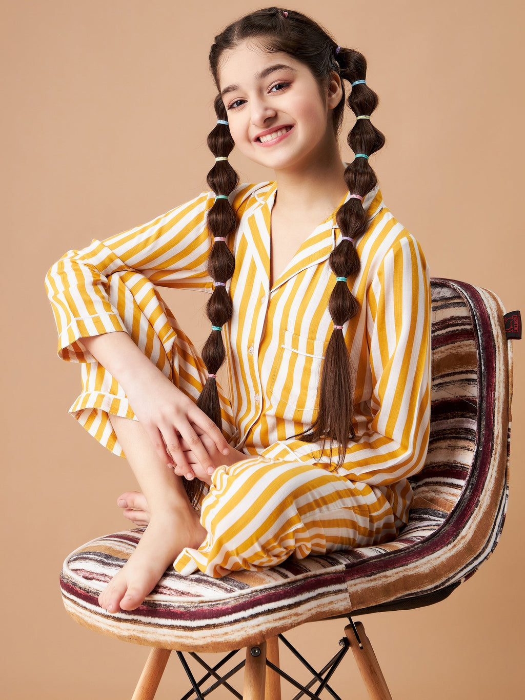 Girls Yellow Striped Cotton Night Suit Set