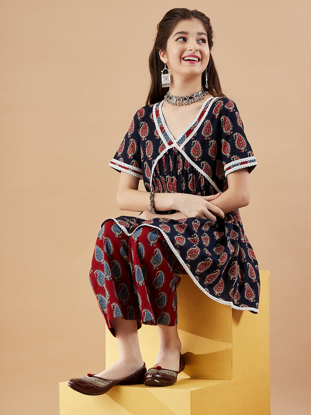 Girls Paisley Printed Pleated Kurta with Trousers