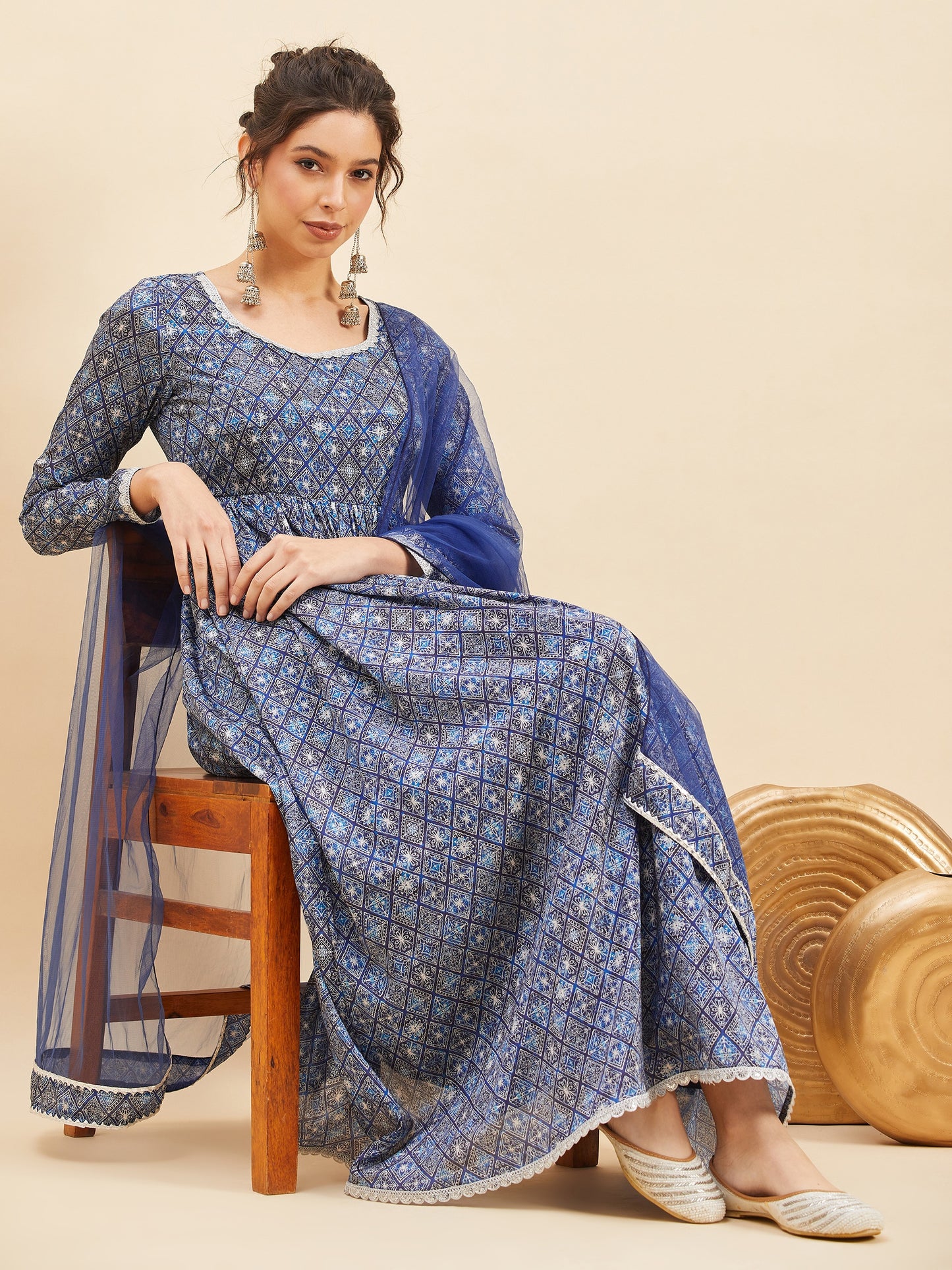 Geometric Printed Empire Anarkali Kurta With Trousers & Dupatta