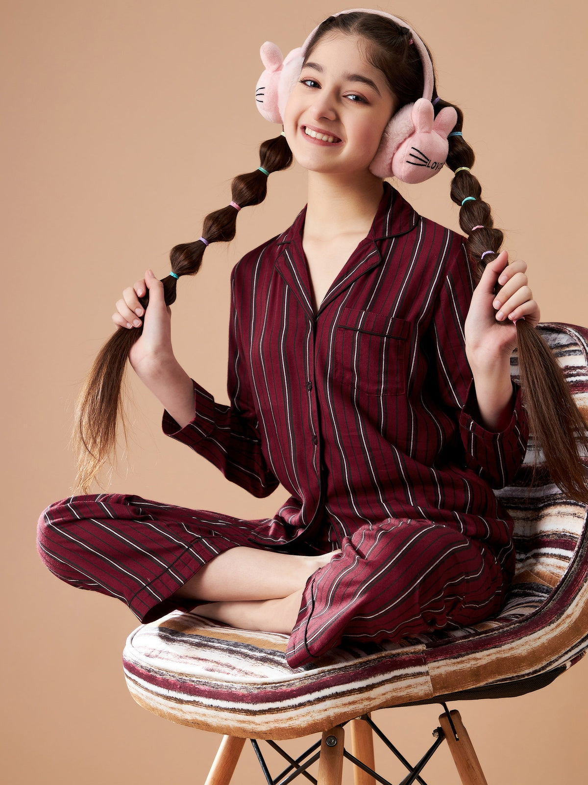 Girls Maroon Striped Cotton Night Suit Set
