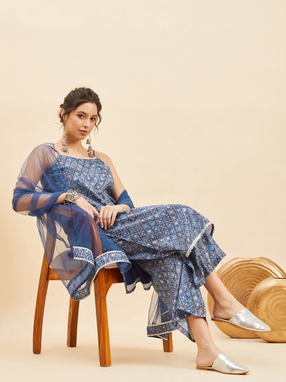 Geometric Printed Shoulder Straps Straight Kurta With Palazzo & Dupatta