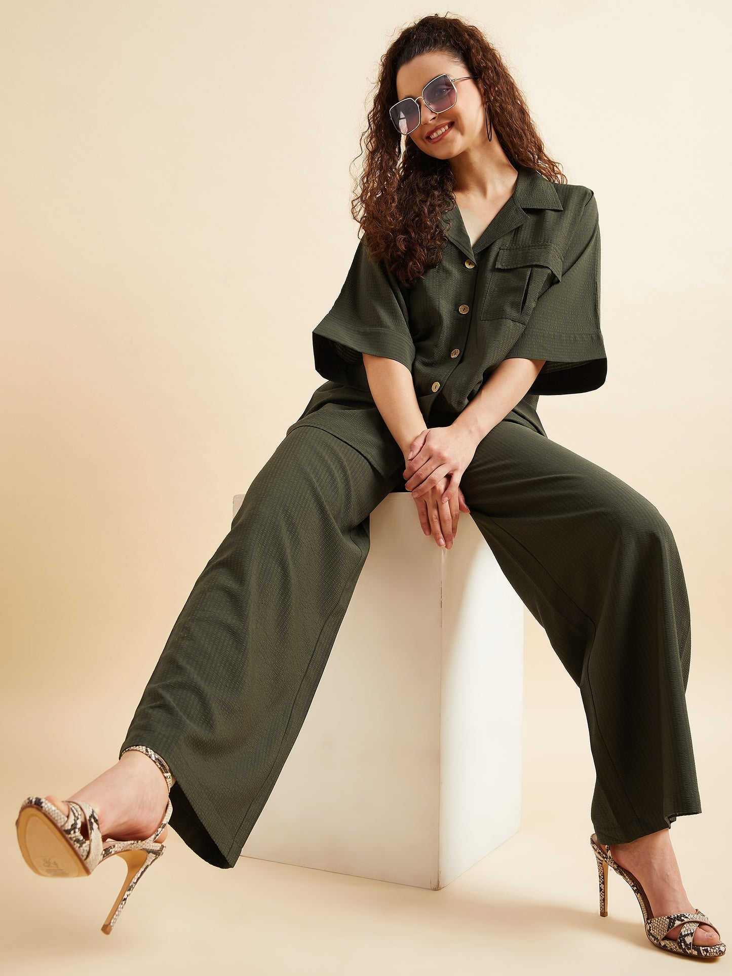 Self Design Oversized Loose Fit Shirt With Trouser Co-Ords