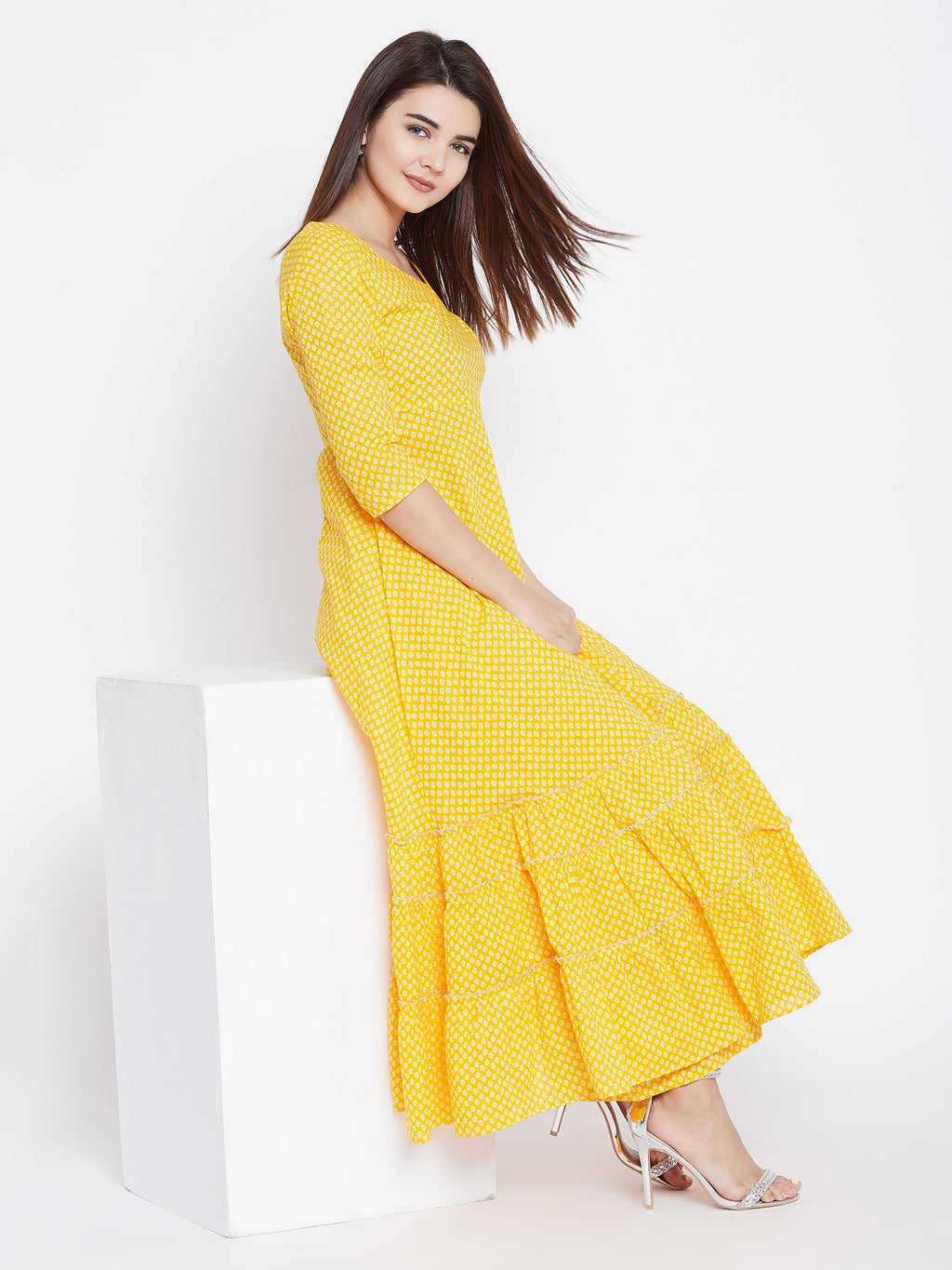 PANIT Women Yellow Printed Tiered A-Line Kurta