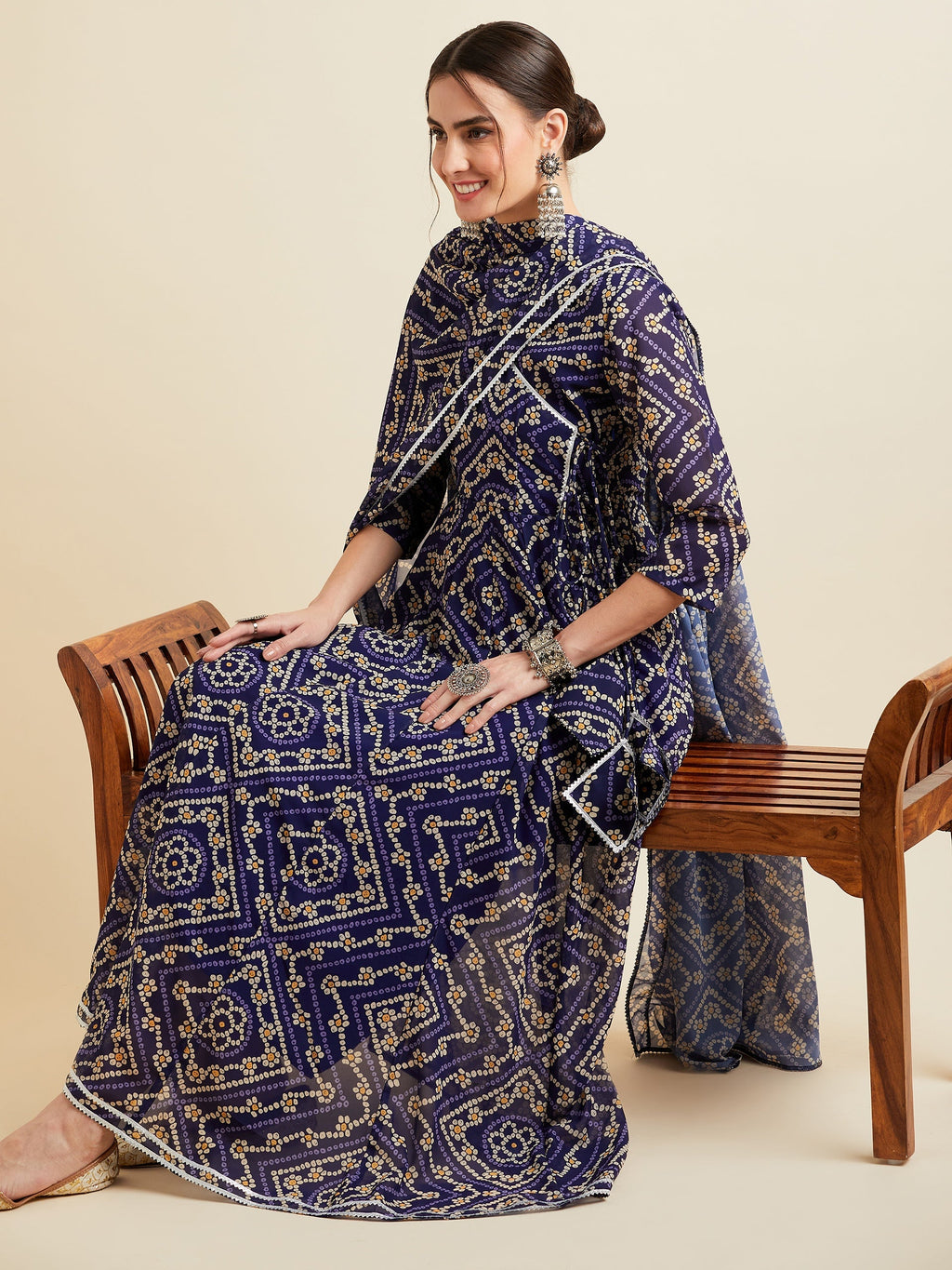 Bandhani Printed Georgette Angrakha Ethnic Dress With Dupatta