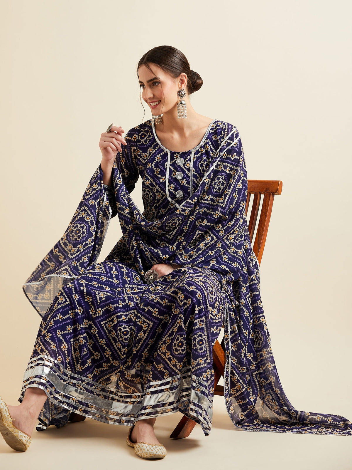 Blue Bandhani Printed Fit & Flared Maxi Ethnic Dress With Dupatta