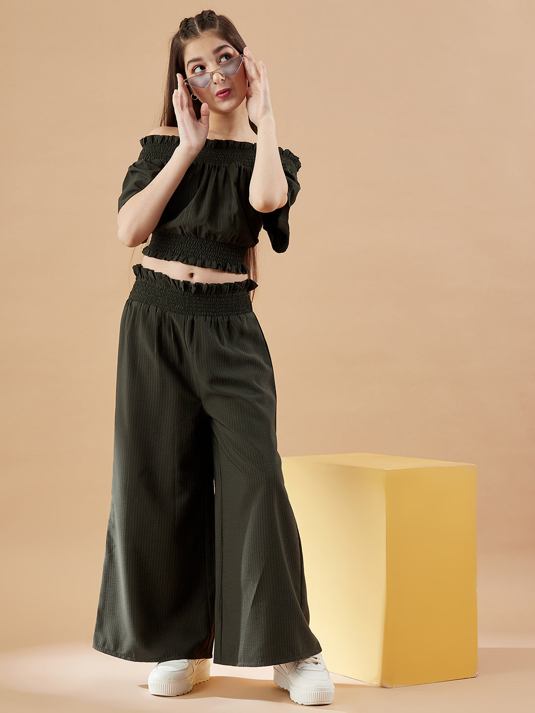 Girls Off-Shoulder Olive Top with Trousers