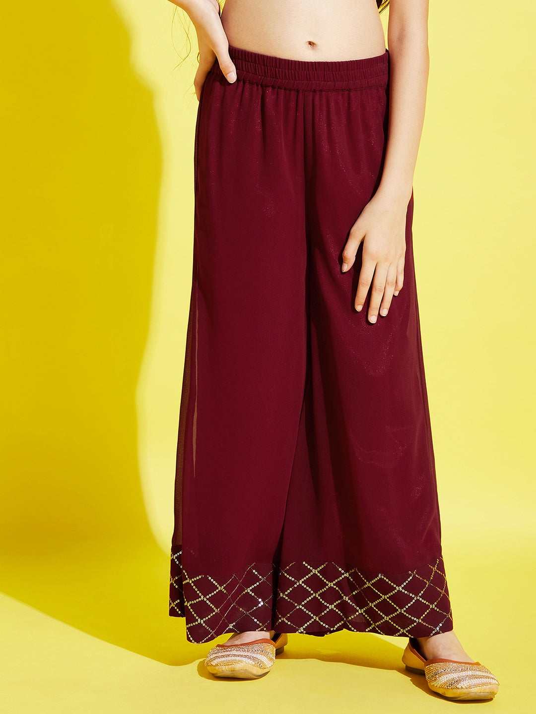 Girls Burgundy Embroidered Straight Kurta with Palazzos & With Dupatta