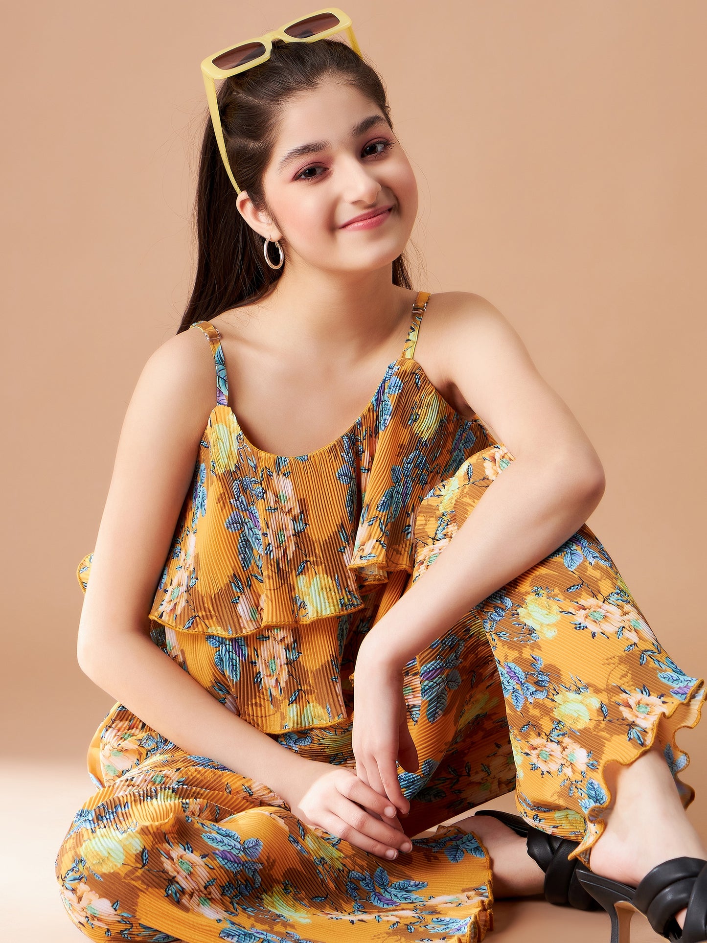 Girls Yellow Floral Printed Top with Trousers