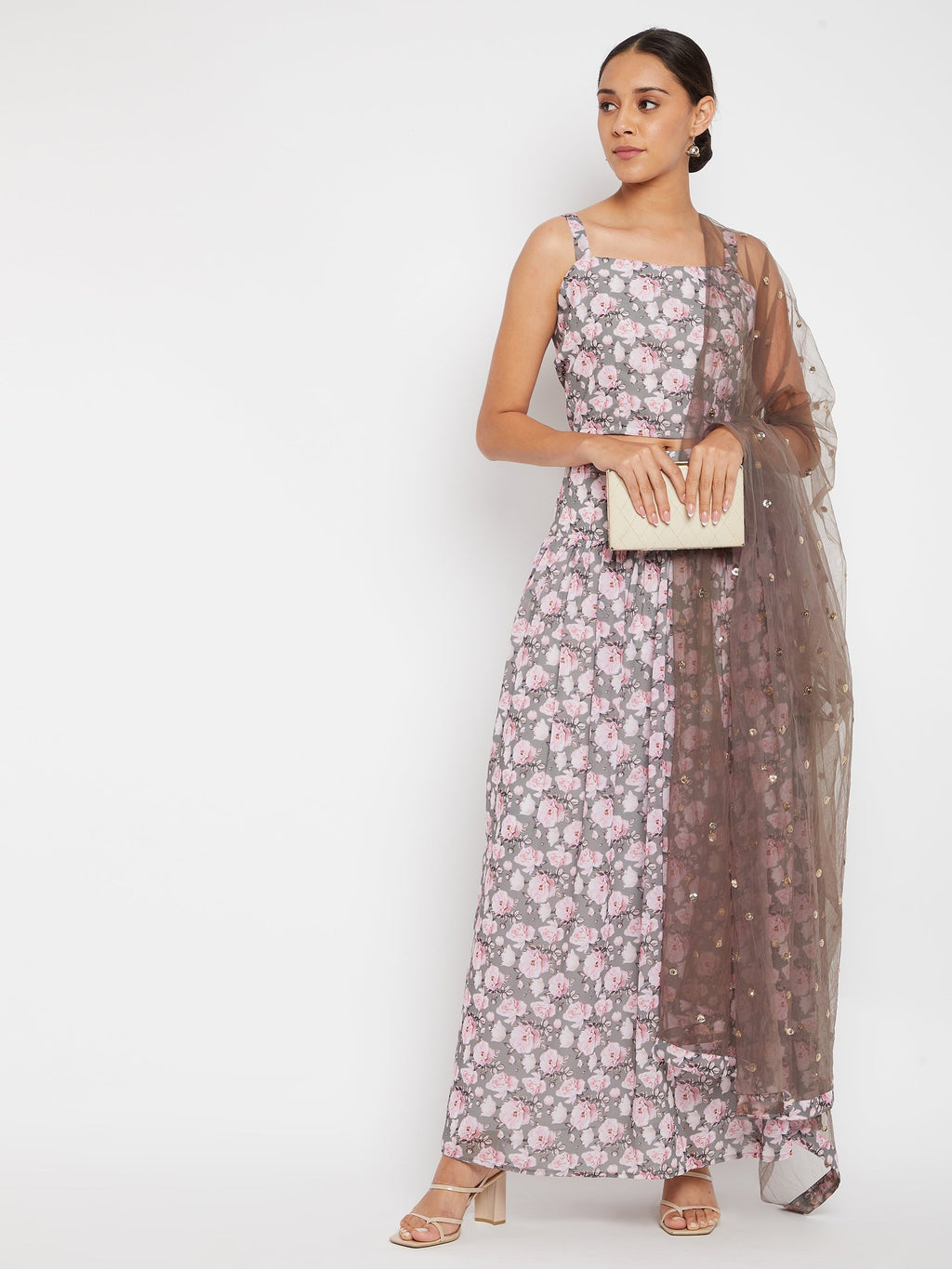 Women Grey Floral Printed Regular Top with Skirt & With Dupatta
