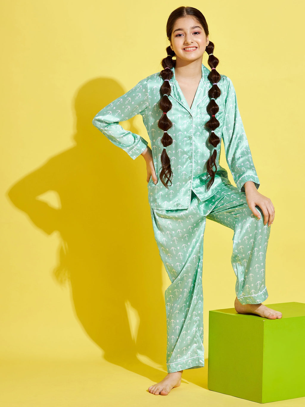 Cherry Jerry Girls Turquoise Blue Printed Nightsuit