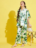 Cherry Jerry Girls Cream-Coloured Green Printed Kaftan Night suit