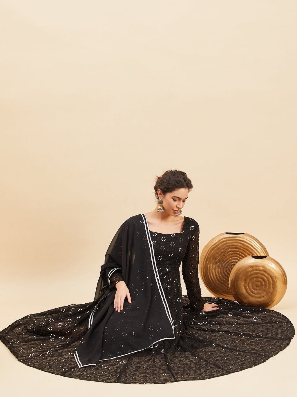 Black Mirror Embroidered Flared Ethnic Dresses With Dupatta