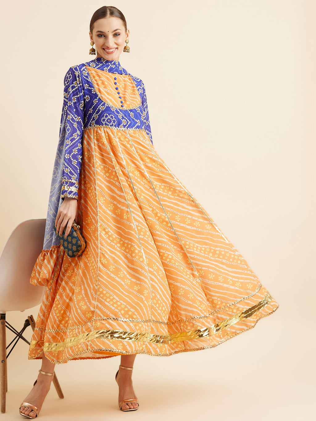 Yellow & Blue Bandhani Printed Kurta With Dupatta
