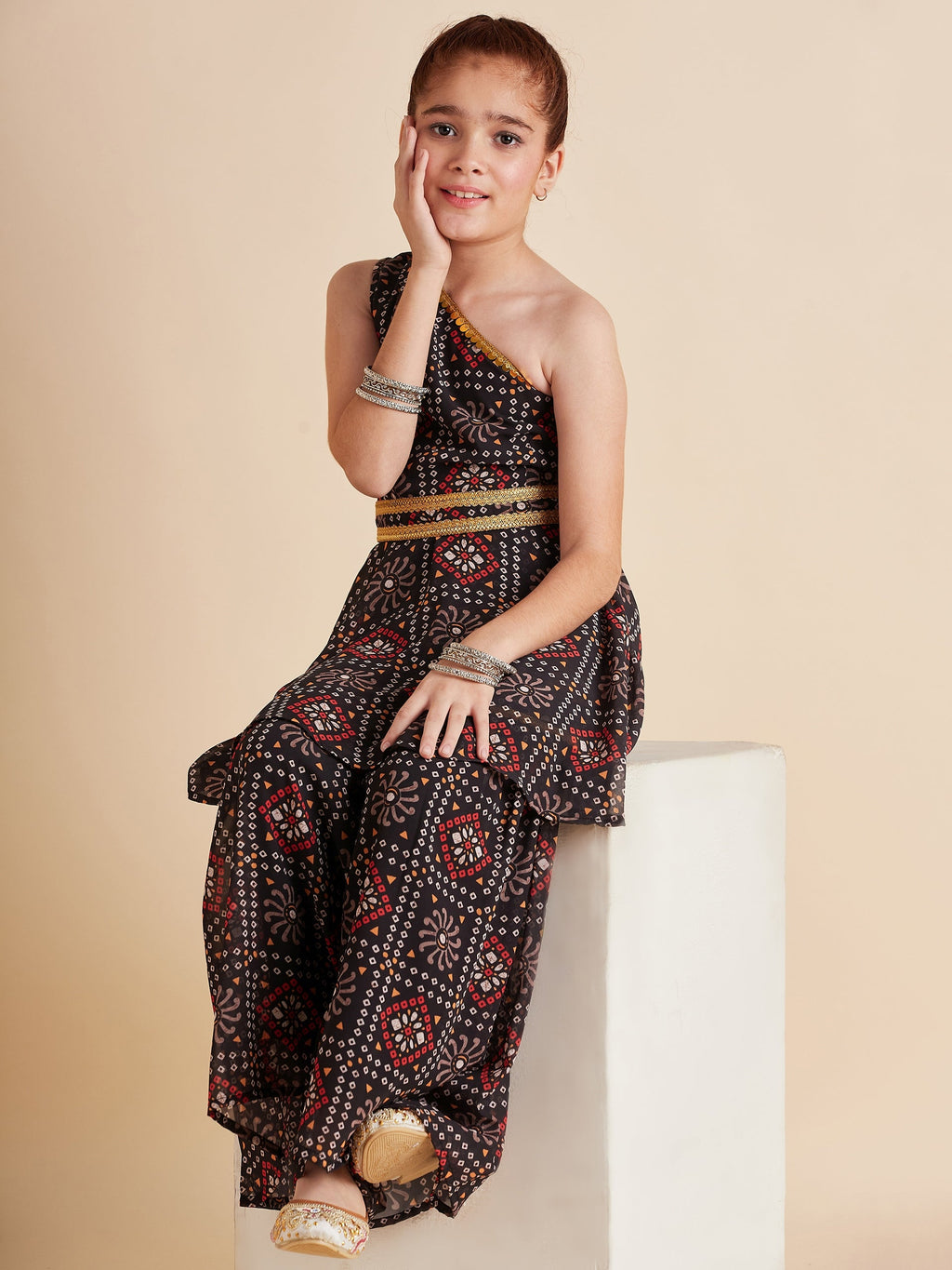 Girls Bandhani Printed Empire Gotta Patti Kurta with Sharara