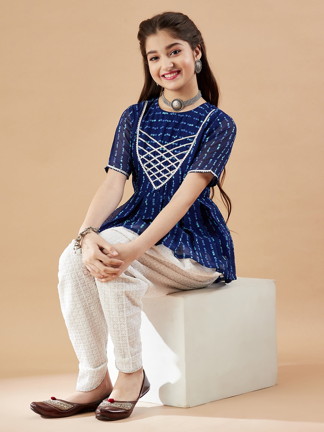 Girls Abstract Printed Empire Kurti With Dhoti Pants