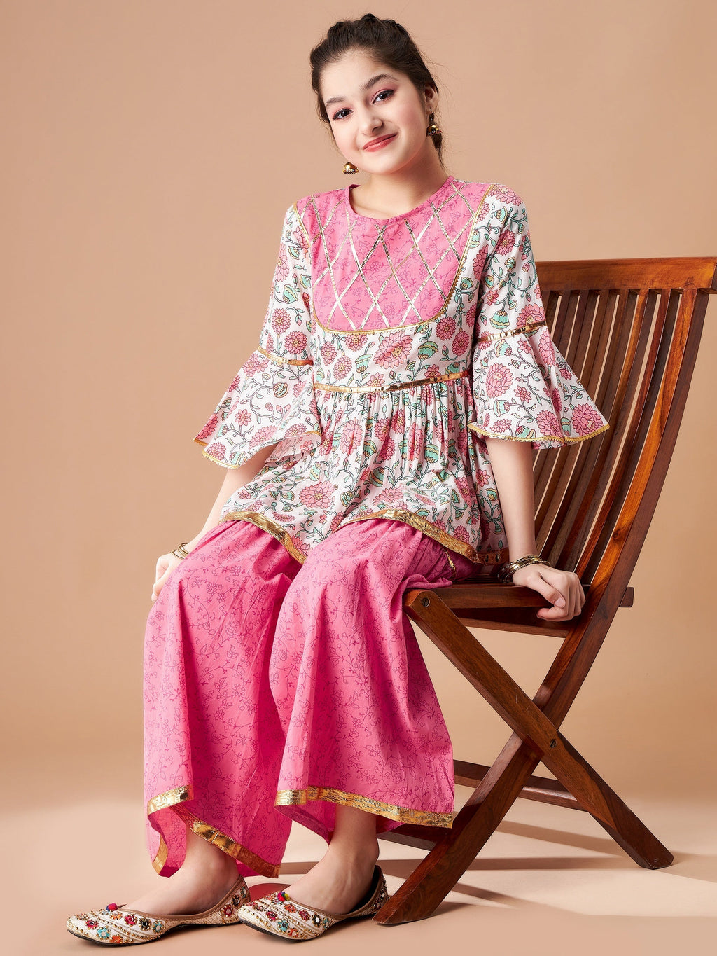 Girls Floral Printed Empire Gotta Patti Pure Cotton Kurti with Sharara