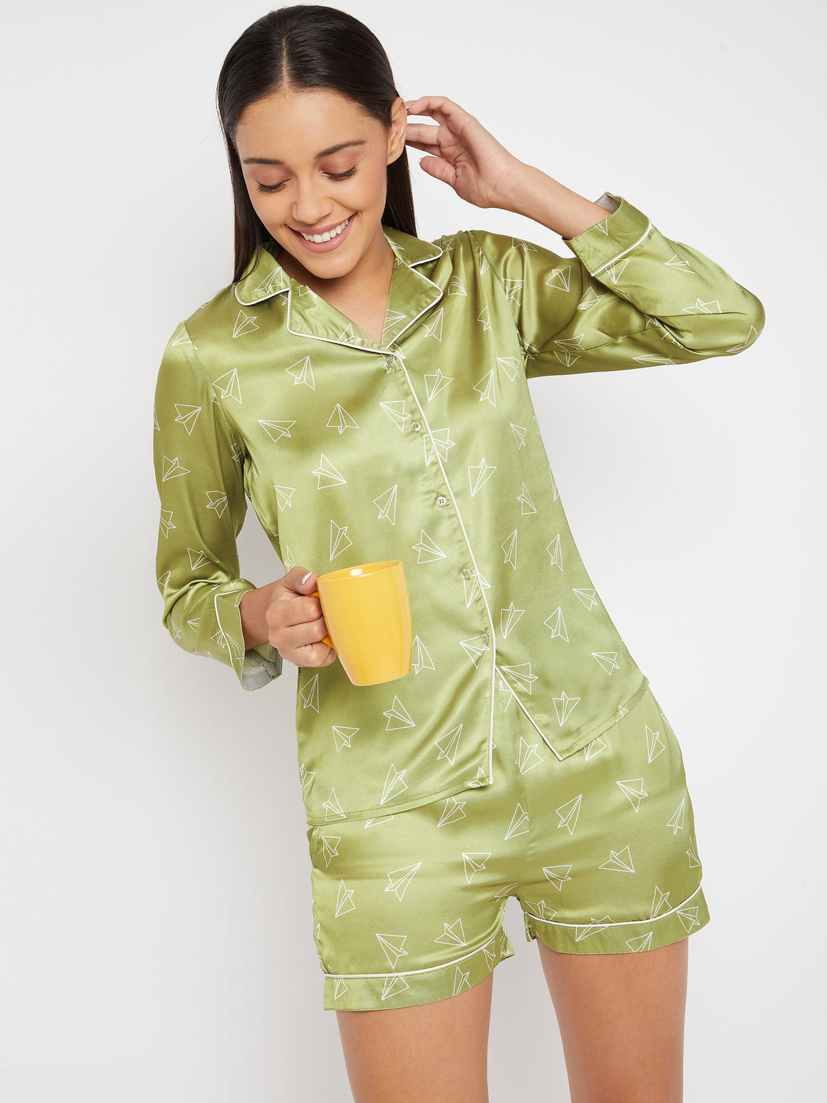 Women Lime Green & White Printed Night suit