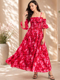 Floral Print Flared Sleeve Ruffled Crepe A-Line Maxi Dress