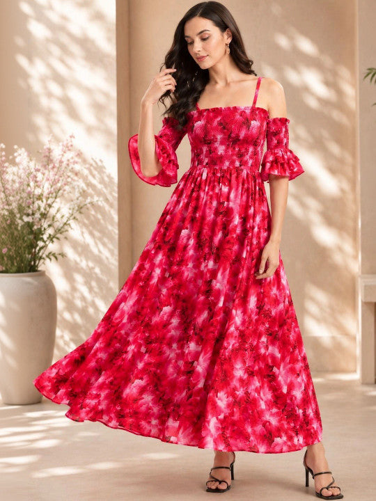 Floral Print Flared Sleeve Ruffled Crepe A-Line Maxi Dress