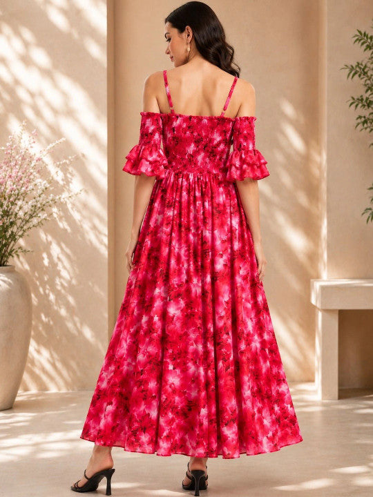 Floral Print Flared Sleeve Ruffled Crepe A-Line Maxi Dress