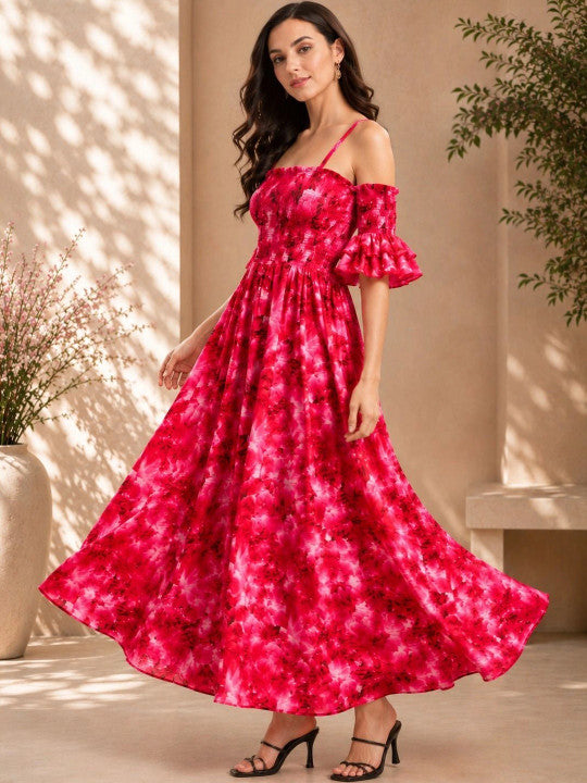 Floral Print Flared Sleeve Ruffled Crepe A-Line Maxi Dress