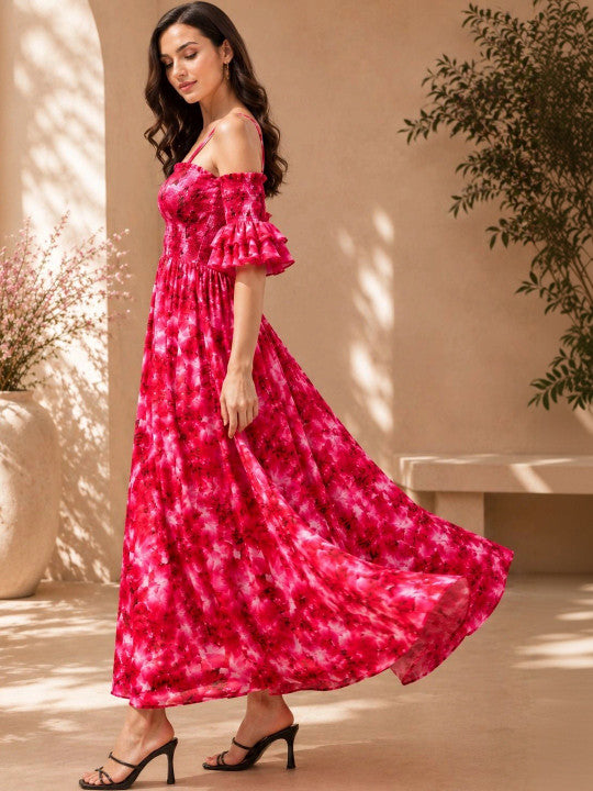 Floral Print Flared Sleeve Ruffled Crepe A-Line Maxi Dress
