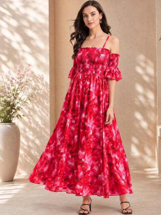 Floral Print Flared Sleeve Ruffled Crepe A-Line Maxi Dress