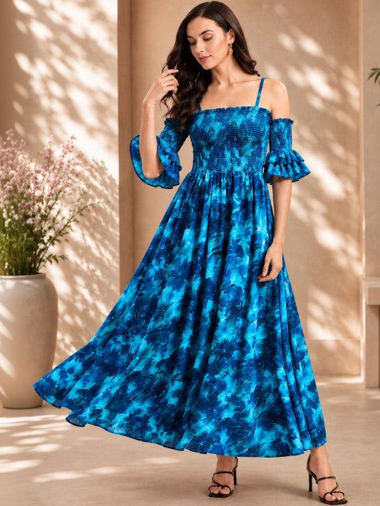 Tie and Dye Print Off-Shoulder Flared Sleeve Crepe A-Line Maxi Dress