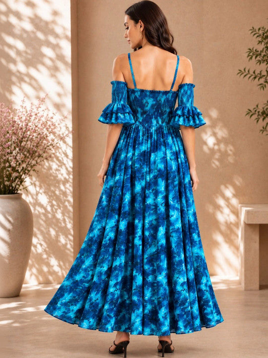 Tie and Dye Print Off-Shoulder Flared Sleeve Crepe A-Line Maxi Dress