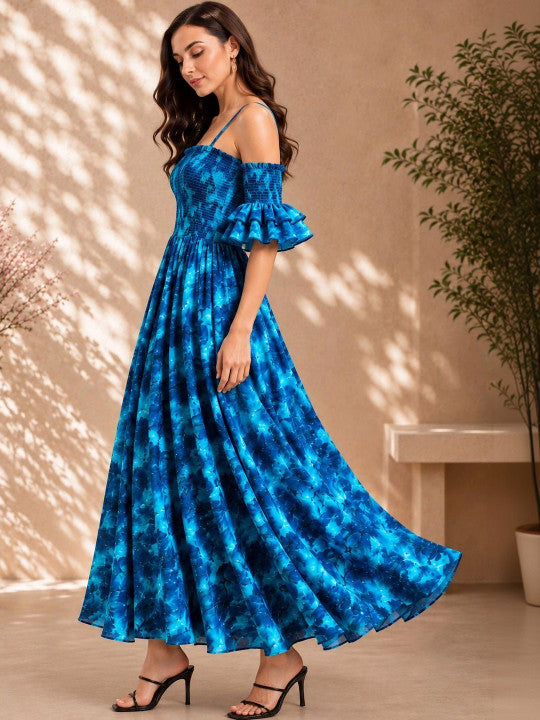 Tie and Dye Print Off-Shoulder Flared Sleeve Crepe A-Line Maxi Dress