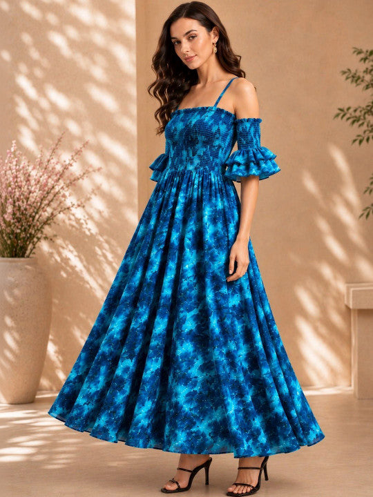 Tie and Dye Print Off-Shoulder Flared Sleeve Crepe A-Line Maxi Dress