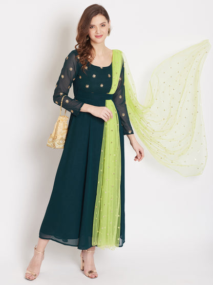 Women Green Embellished Maxi Dress With Dupatta