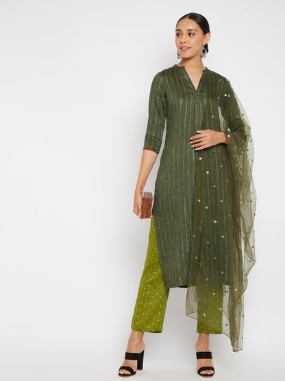 Women Green Striped Kurta with Trousers and Dupatta