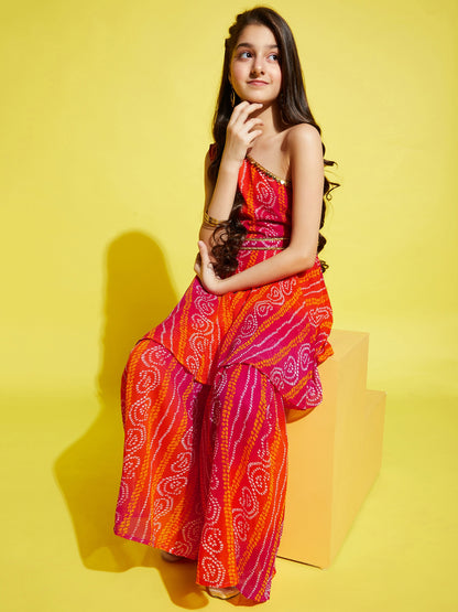 Girls Orange & Pink Bandhani Printed A-Line Kurta with