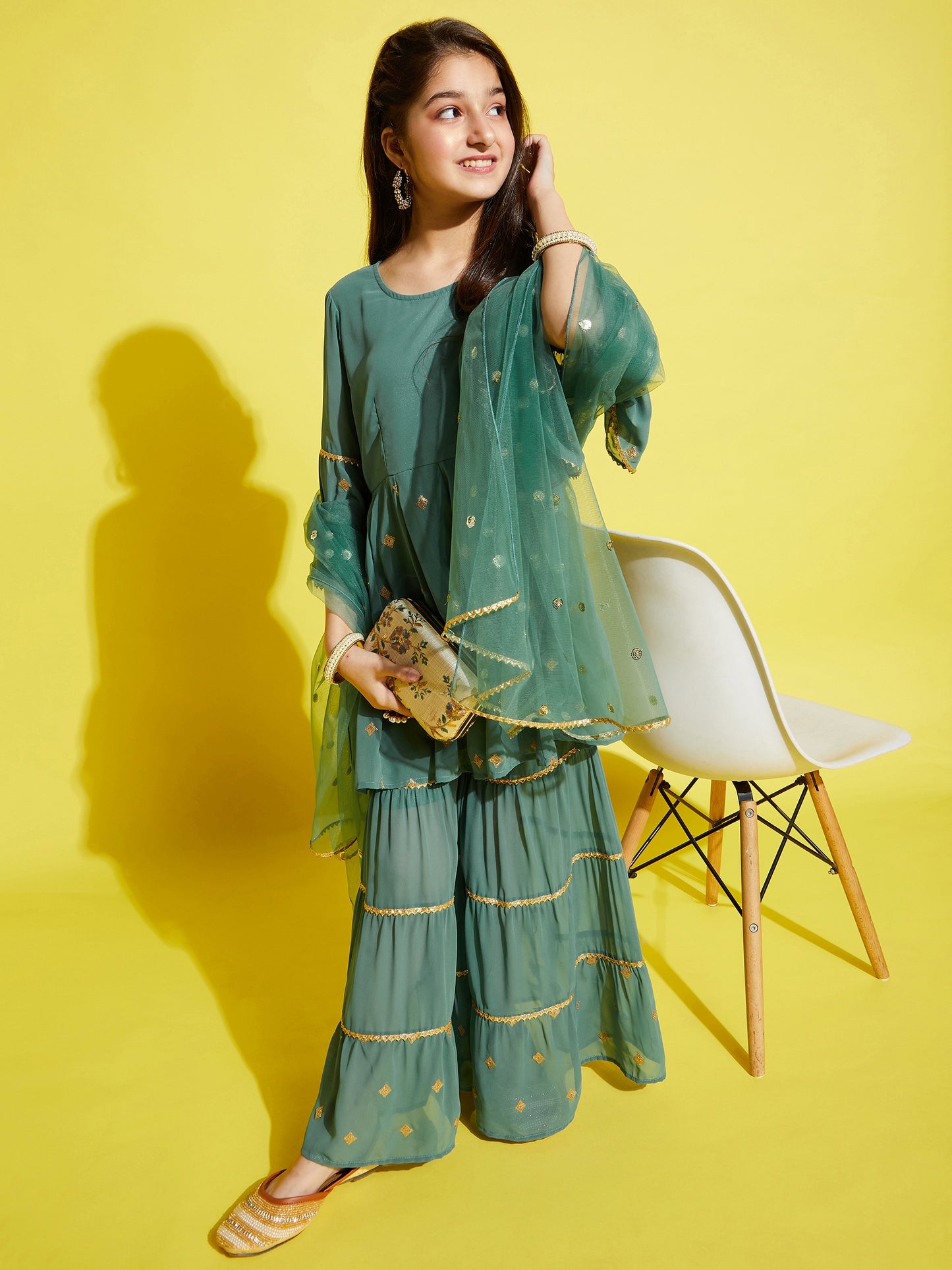 Girls Green Ethnic Motifs Embroidered Empire Kurta with Sharara & Dupatta