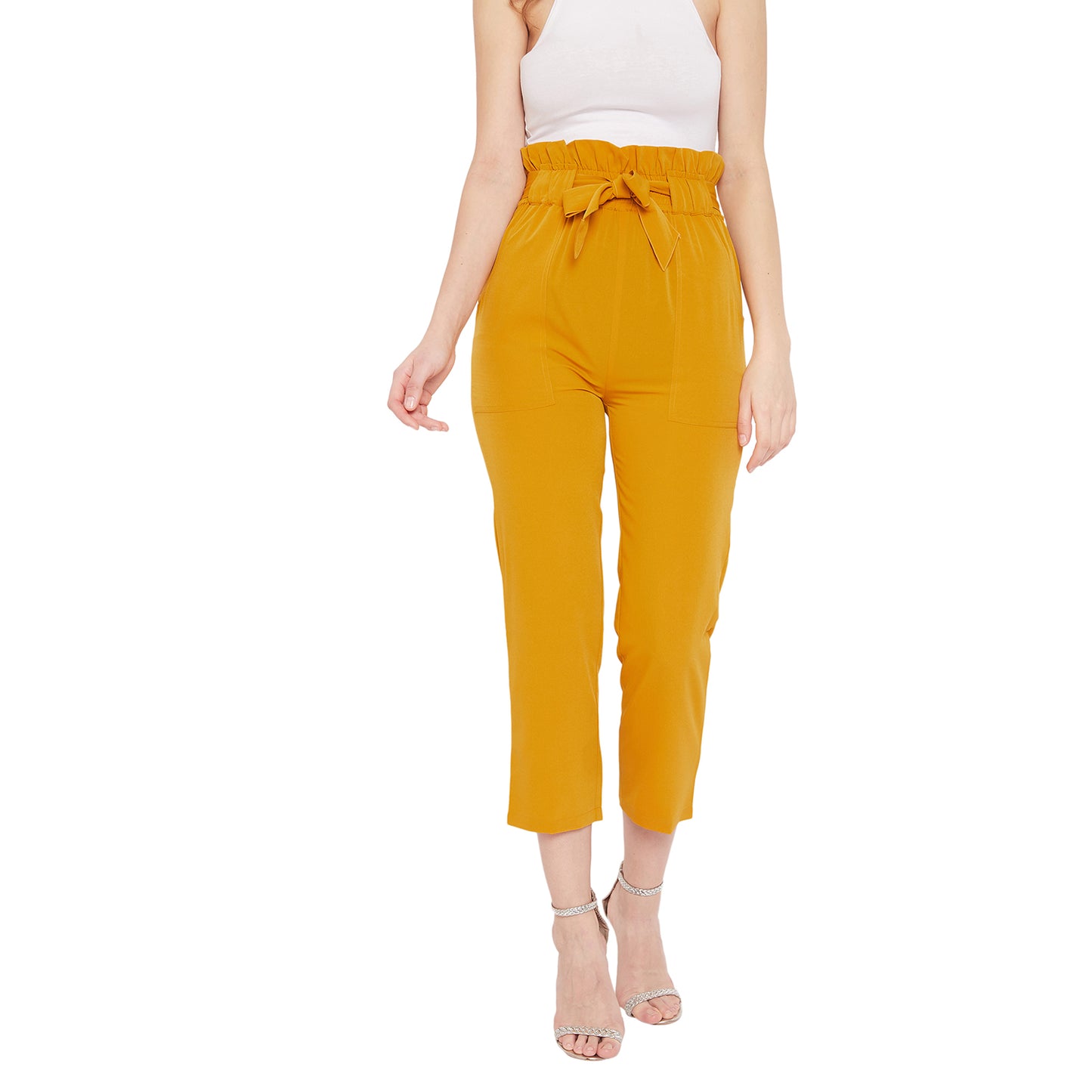 Wome Mustard Solid Crepe Cigarette Trouser