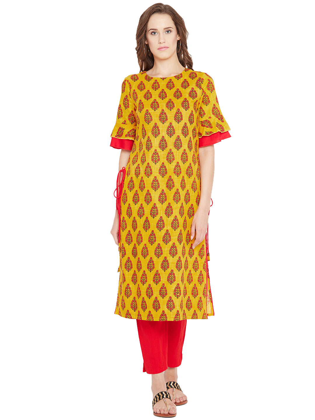 Women's Yellow Ethnic Motif Printed Mid Length Layed Kurta