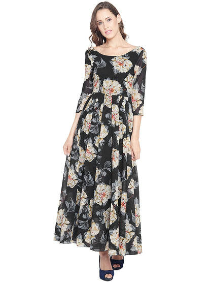 Women's Black Multi colour lily Floral print Maxi dress